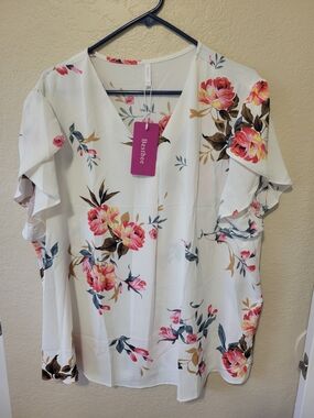 White Floral V-Neck Ruffle Sleeve Blouse